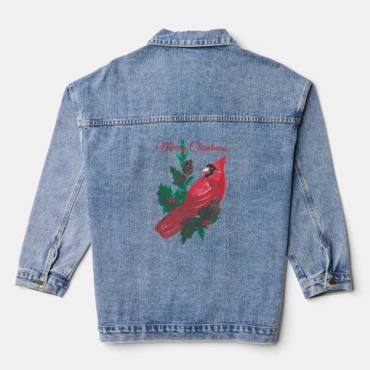 Christmas Long Sleeve Red Cardinal Holly Denim  Denim Jacket (Achterkant)