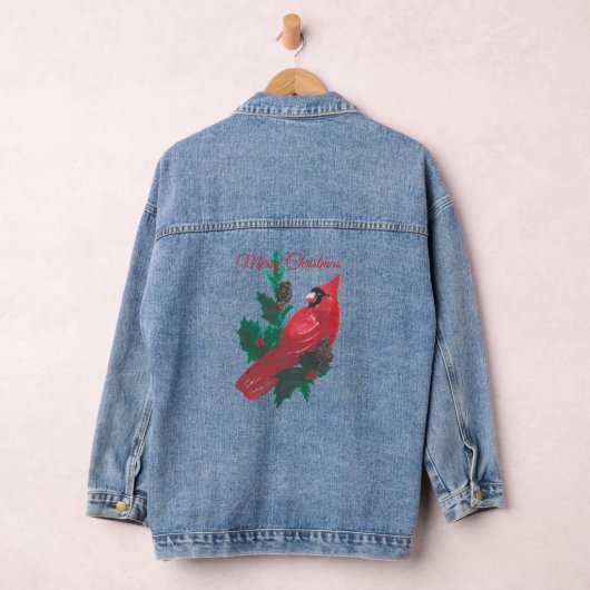 Christmas Long Sleeve Red Cardinal Holly Denim  Denim Jacket (Hangar)