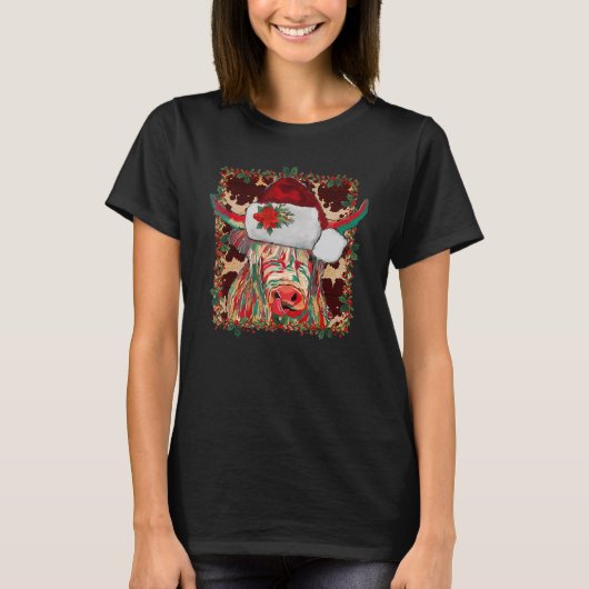 Christmas Longhorn Cow Cute  Christmas Western T-shirt (Voorkant)