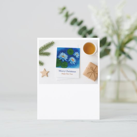 Christmas Lotus Postcard – Merry Christmas & Happy Briefkaart (Staand voorkant)