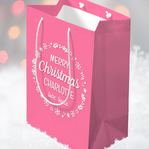 Christmas Love Santa Gepersonaliseerde naam Pink Medium Cadeauzakje