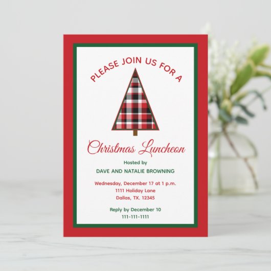 Christmas Luncheon Red Plaid Christmas Tree Kaart (Staand voorkant)
