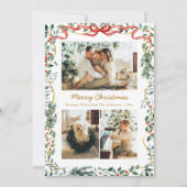 Christmas Lush Winter Greenery & Red Bow 3 Photo Feestdagenkaart (Voorkant)