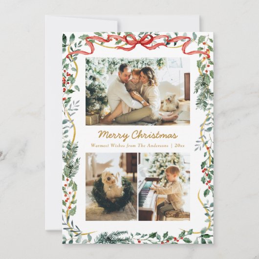 Christmas Lush Winter Greenery & Red Bow 3 Photo Feestdagenkaart (Voorkant)