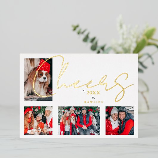 Christmas Luxury Minimalist 4 Photos Family  Folie Feestdagenkaart (Staand Voorkant)