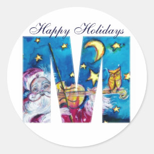 CHRISTMAS M LETTER/INSPIRED SANTA MONOGRAM RONDE STICKER