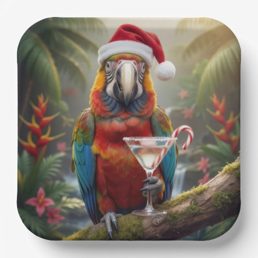 Christmas Macaw Parrot With Martini Cocktail Papieren Bordje (Voorkant)