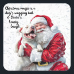 Christmas Magic is een hond kwispelende staart en  Vierkante Sticker<br><div class="desc">"Kerstmagie is de kwispelende staart van een hond en de hartelijke lach van de kerstman" en een vrolijke illustratie van de kerstman die zijn vrolijke schattige witte pitbull hond omhelst.</div>