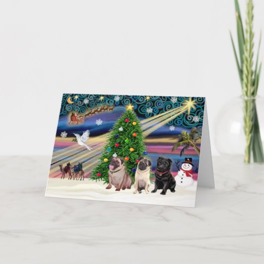 Christmas Magic Pugs (drie, 2 fawn, 1 zwart) Feestdagen Kaart (Voorkant)