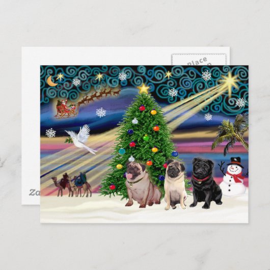 Christmas Magic Pugs (drie, 2 fawn, 1 zwart) Feestdagenkaart (Voorkant / Achterkant)