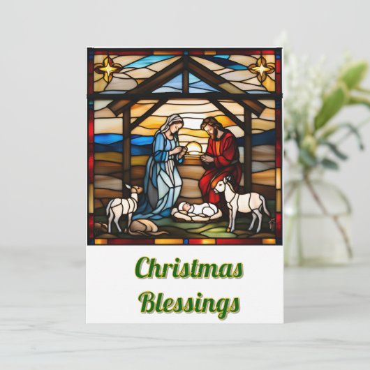 Christmas Manger Scene Faux Glas in lood stijl Kaart (Staand voorkant)