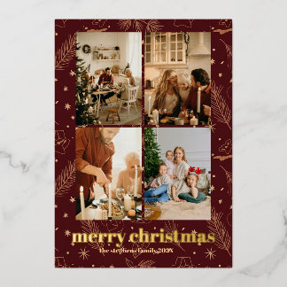 Christmas Maroon Folie Pine en Star Print Feestdagenkaart