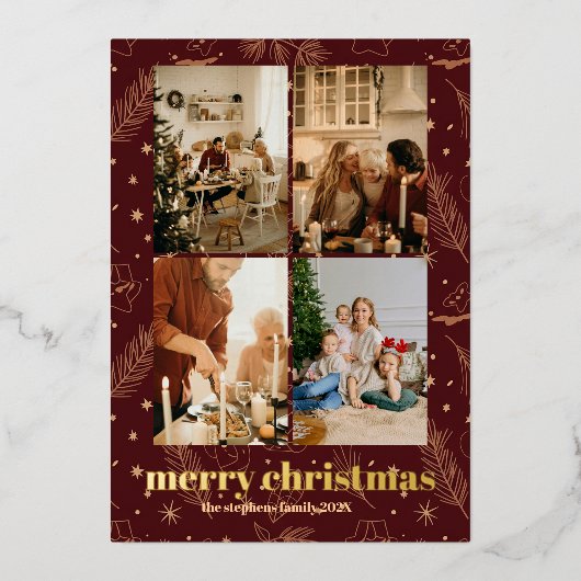 Christmas Maroon Folie Pine en Star Print Folie Uitnodiging (Voorkant)