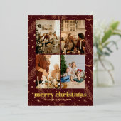 Christmas Maroon Folie Pine en Star Print Folie Uitnodiging (Staand Voorkant)