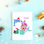 Christmas Mermaid Opening Up Gifts  Sticker<br><div class="desc">Cute Christmas sticker of Mermaid opening up her gift with Sea Turtle and Dolphin. You can add your child's name to the sticker.</div>