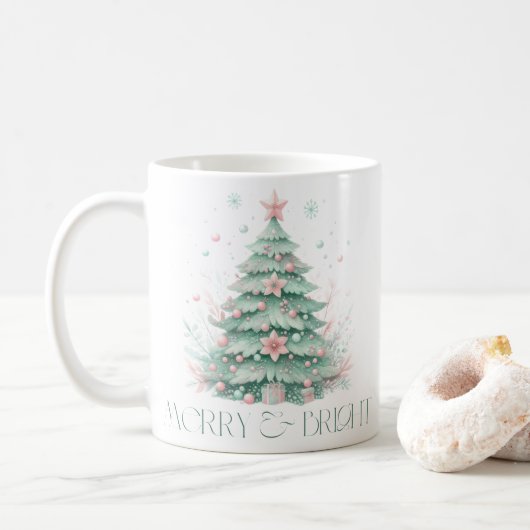 Christmas Merry & Bright Christmas Tree Mint Pink Koffiemok (Met donut)