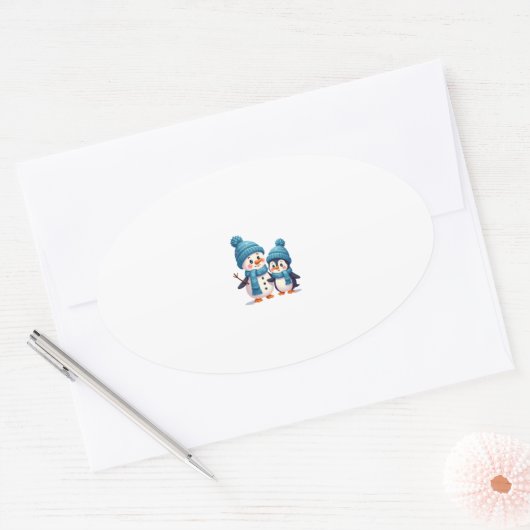 Christmas Merry Christmas For Gift Penguin Snowman Ovale Sticker (Envelop)