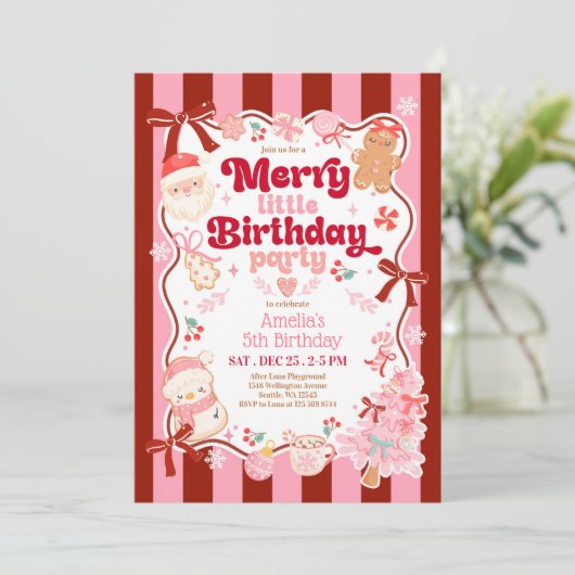 Christmas Merry Little Birthday Invitation Kaart (Staand voorkant)