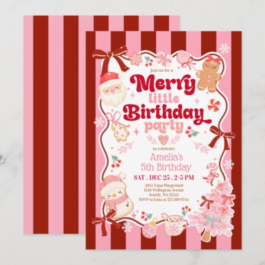 Christmas Merry Little Birthday Invitation Kaart (Voorkant / Achterkant)