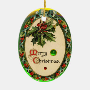 CHRISTMAS MET HOLLY BERRIES EN GEM STONES KERAMISCH ORNAMENT