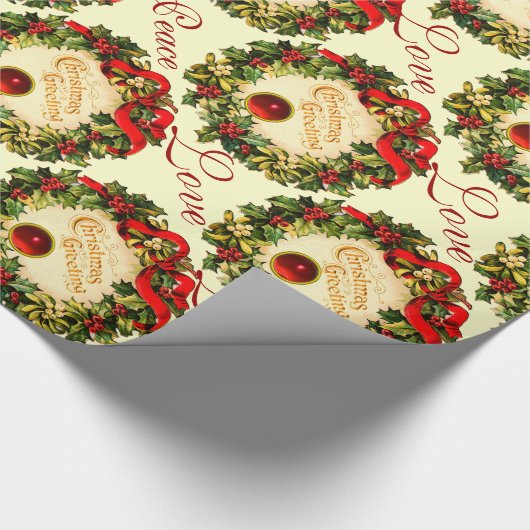 CHRISTMAS MET HOLLY BERRIES, JOY PEACE LIVE CADEAUPAPIER (Hoek)