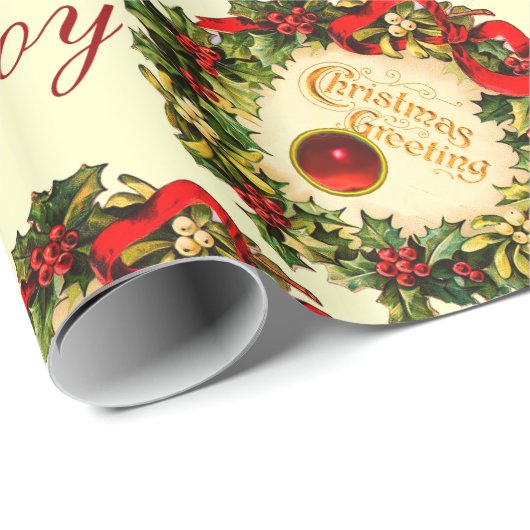 CHRISTMAS MET HOLLY BERRIES, JOY PEACE LIVE CADEAUPAPIER (Rol Hoek)