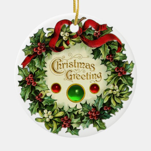 CHRISTMAS MET MISTLETOES EN HOLLY BERRIES KERAMISCH ORNAMENT (Voorkant)