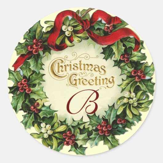 CHRISTMAS MET MISTLETOES EN HOLLY BERRIES RONDE STICKER (Voorkant)