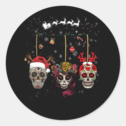 Christmas Mexican Flower Sugar Skull In Snow Xmas Ronde Sticker (Voorkant)