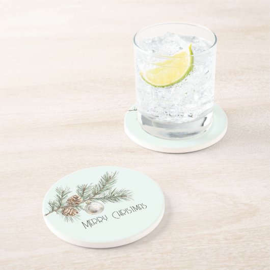 Christmas Mint Pine Cones Branch en Ornament Zandsteen Onderzetter (Zijkant)