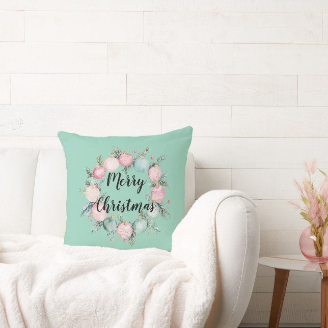 Christmas Mint Roze Ornament Krans Kussen (Bank)