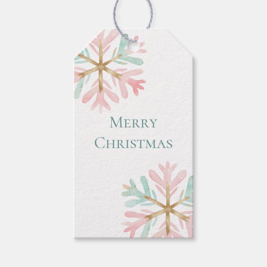 Christmas Mint Roze Sneeuwvlokken op Wit Cadeaulabel (Voorkant)