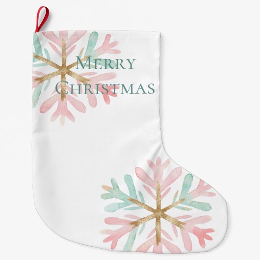 Christmas Mint Roze Sneeuwvlokken op Wit Grote Kerstsok (Voorkant)