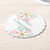 Christmas Mint Roze Sneeuwvlokken op Wit Kartonnen Onderzetters (Gekanteld)