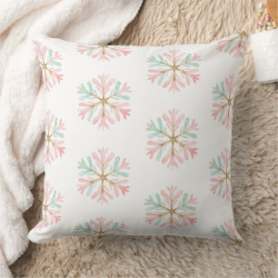Christmas Mint Roze Sneeuwvlokken op Wit Kussen