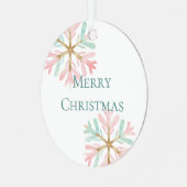 Christmas Mint Roze Sneeuwvlokken op Wit Metalen Ornament (Voorkant links)