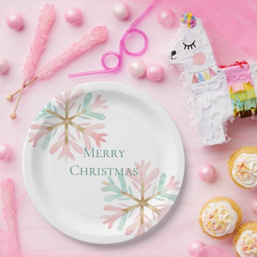 Christmas Mint Roze Sneeuwvlokken op Wit Papieren Bordje (Feest)