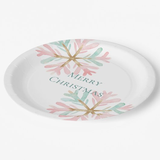 Christmas Mint Roze Sneeuwvlokken op Wit Papieren Bordje (Gekanteld)