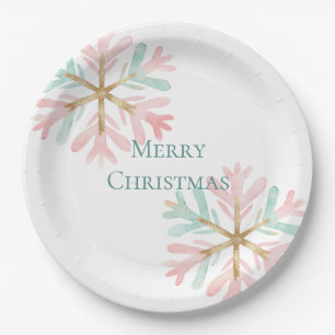 Christmas Mint Roze Sneeuwvlokken op Wit Papieren Bordje
