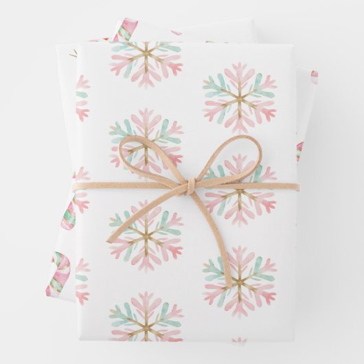 Christmas Mint Roze Witte Sneeuwvlokken Snoep Snee Inpakpapier Vel (In situ)
