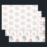 Christmas Mint Roze Witte Sneeuwvlokken Snoep Snee Inpakpapier Vel<br><div class="desc">Kerst Witte Munt Roze Sneeuwvlokken Snoep Canes Sneeuwman</div>