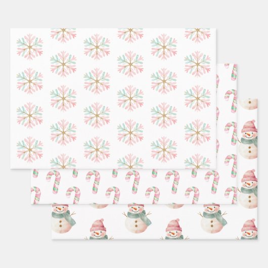 Christmas Mint Roze Witte Sneeuwvlokken Snoep Snee Inpakpapier Vel (Set)