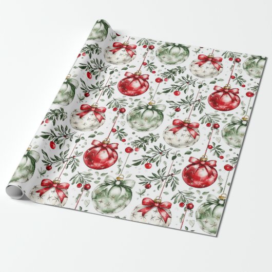 Christmas Mistletoe Bauble Greenery Cadeaupapier (Uitgerold)