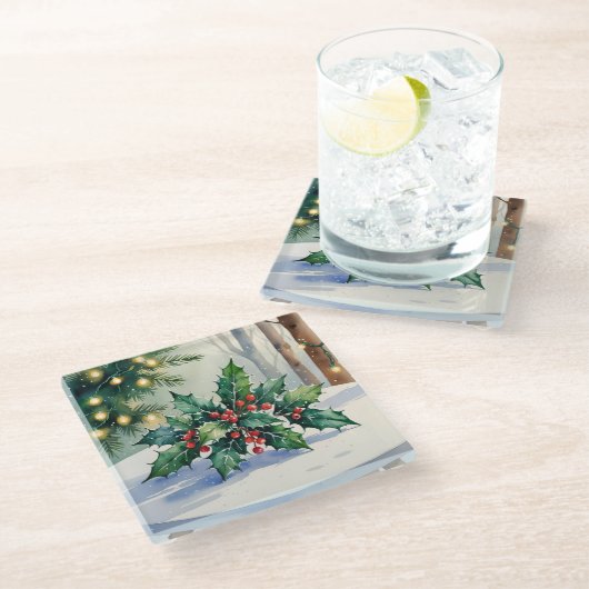 Christmas Mistletoe Holiday Watercolor Glazen Onderzetter (Schuin)