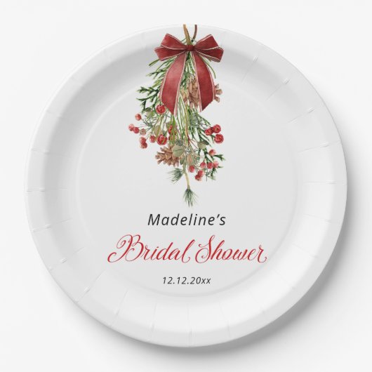 Christmas Mistletoe Red Bow Bridal Shower Papieren Bordje (Voorkant)