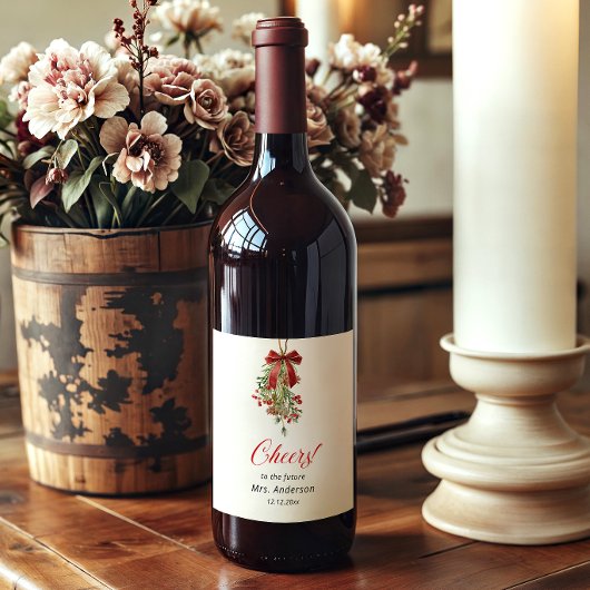 Christmas Mistletoe Red Bow Bridal Shower Wijn Etiket