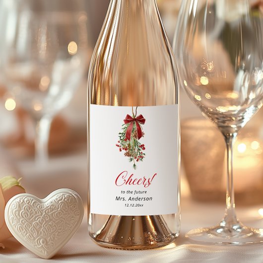 Christmas Mistletoe Red Bow Bridal Shower Wijn Etiket
