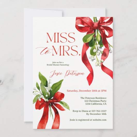 Christmas Mistletoe Red Bow Miss to Mrs Bridal Kaart (Voorkant)