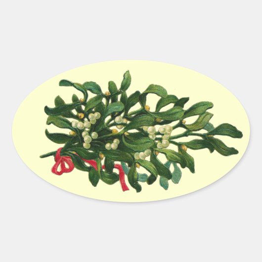 CHRISTMAS MISTLETOES MET RODE RIBBON OVALE STICKER (Voorkant)