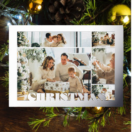 Christmas Modern Letters Five Photos Family Silver Folie Feestdagenkaart